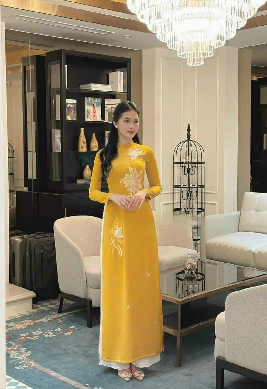 Yellow embroidered flowers Ao Dai Set B26