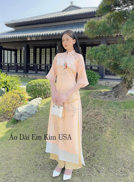 Nude printed chiffon silk  Ao Dai/ Modern Ao Dai/ Ao Dai for women/ Ao Dai Viet Nam|E3