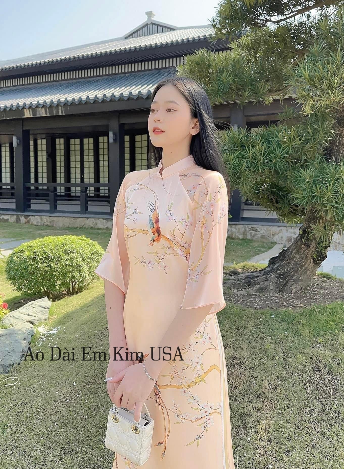 Nude printed chiffon silk  Ao Dai/ Modern Ao Dai/ Ao Dai for women/ Ao Dai Viet Nam|E3