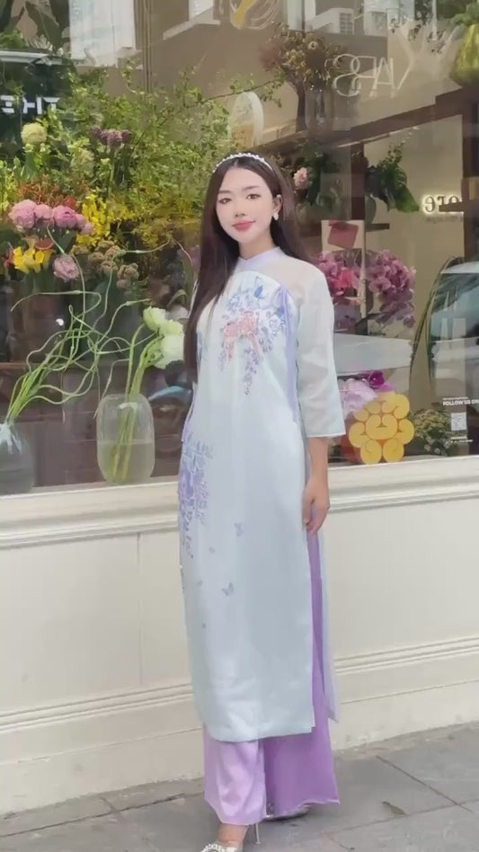 Áo Dài tơ  Double Layers Purple silk| Pre-made Modernized Vietnamese Ao Dai| Women Ao Dai| Lunar New Year| Ao Dai Cach Tan with Pants N07