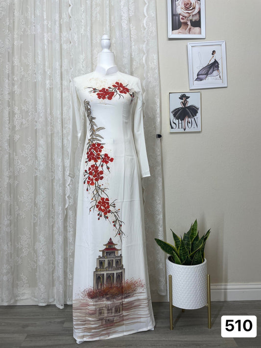 White Silk Ao Dai| Pre-made Vietnamese Ao Dai for women|  Ao dai with flowers| traditional Ao Dai| No pant included