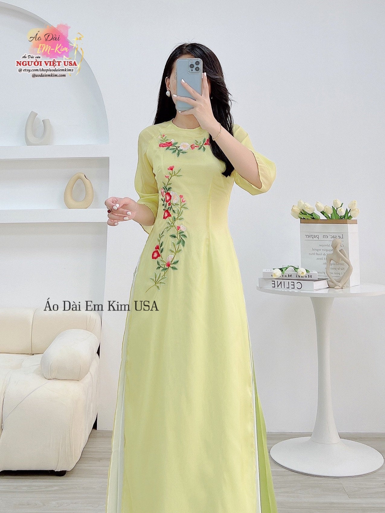 Mommy and Daughter Embroidery Green Flower MB11 – Ao Dai Em Kim