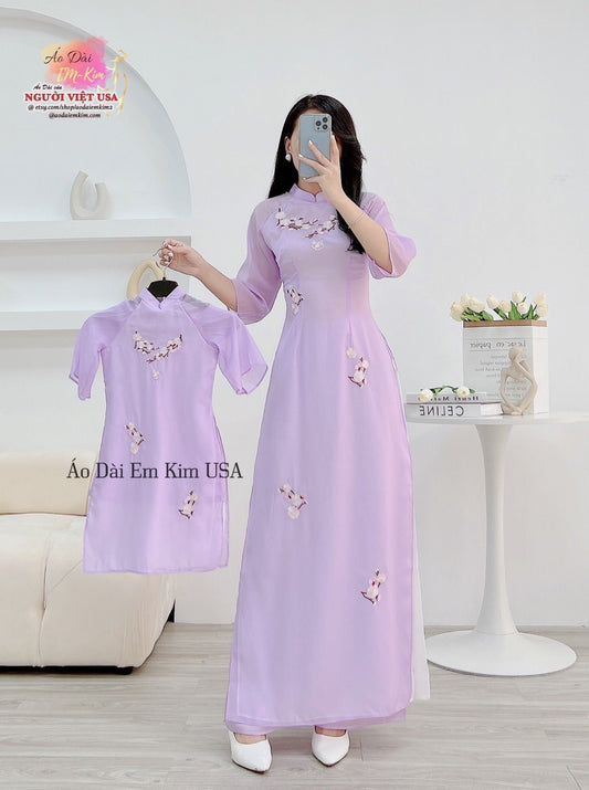 Mommy Daughter purple Flowers Matching Ao Dai/ Pre-made Modernized Vietnamese Ao Dai| Ao Dai for Lunar New Year|Ao Dai Set with pants|MB08