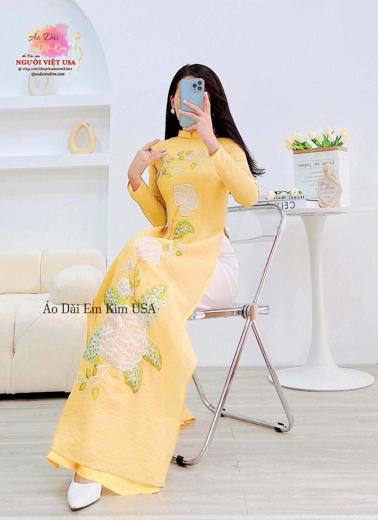 Custom made Vietnamese ao dai dress in yellow with embroidered
