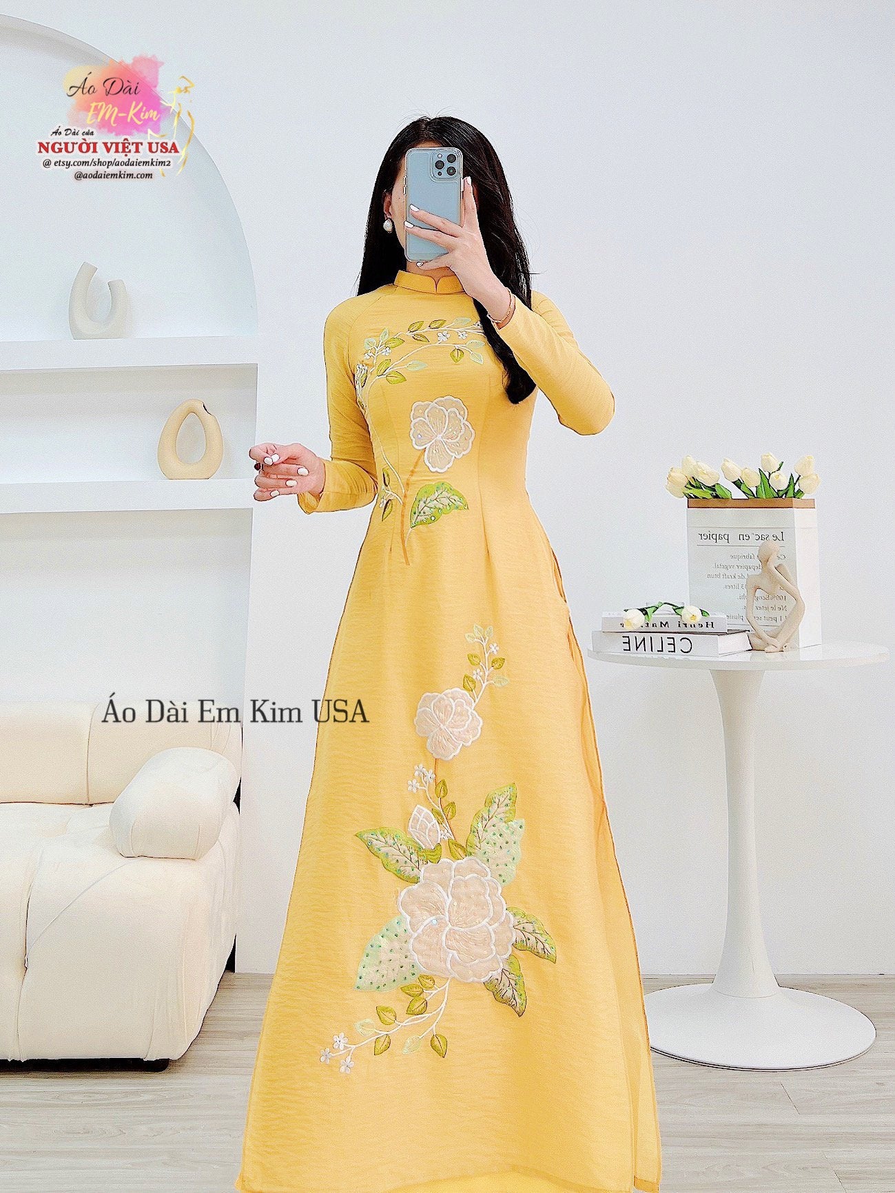 Mommy and Daughter Yellow Design Flower Ao Dai MB03