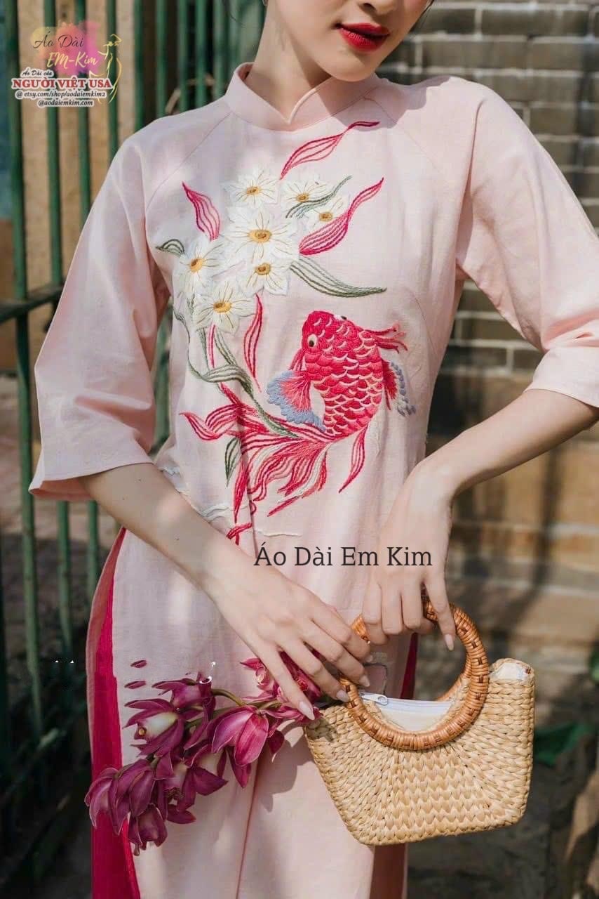 Shifted Embroidered Pink Ao Dai Set,  D07b