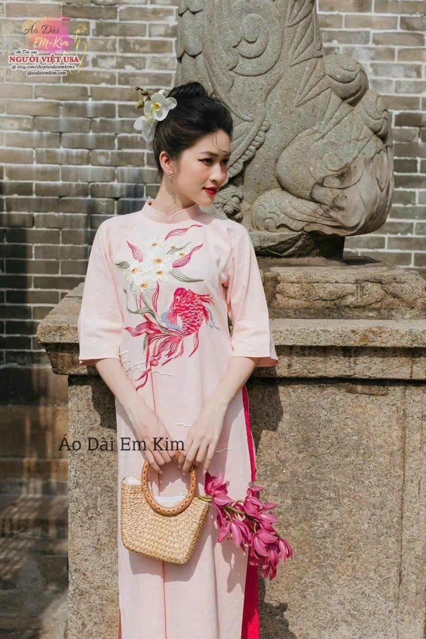 Shifted Embroidered Pink Ao Dai Set,  D07b