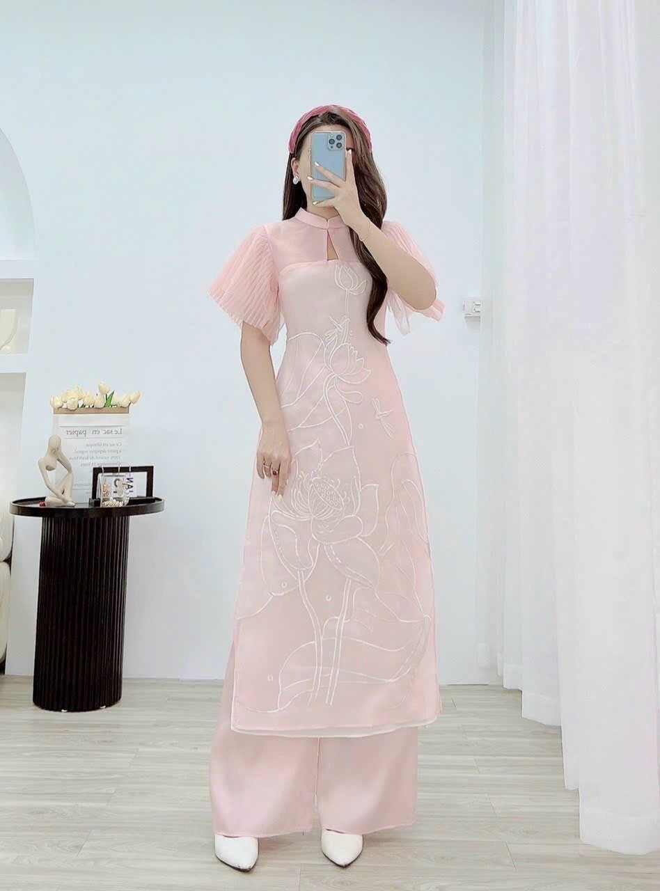 Pink Tullu Sleeve design Ao Dai Set, |G1 – Ao Dai Em Kim