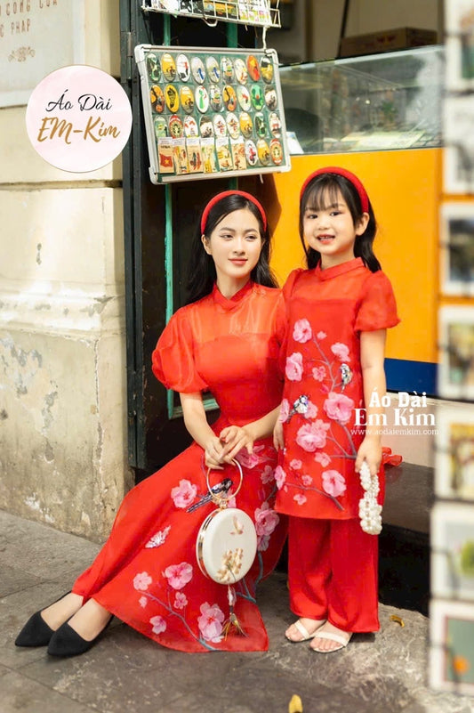 Red Silk Tet Mommy and Daughter Design FlowerMB27