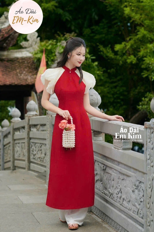 Buffy Sleeve Red Ao dai set Design Flower with pants G11
