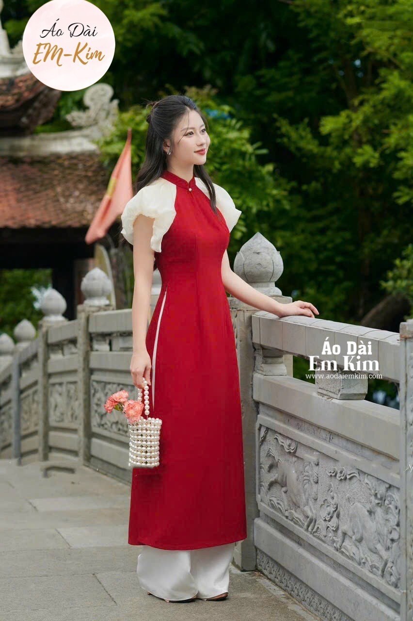 Buffy Sleeve Red Ao dai set Design Flower with pants G11