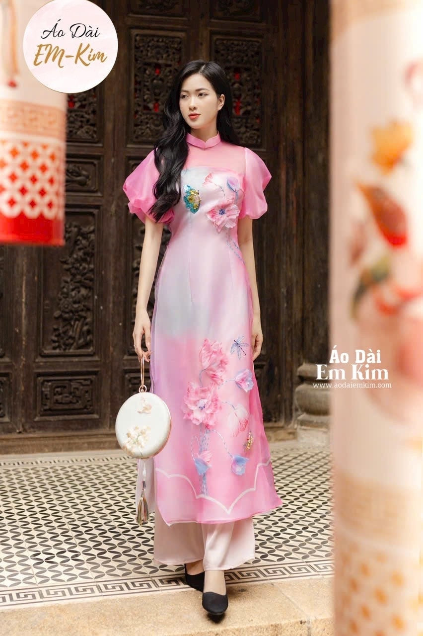 Pink 3D flowers Ao dai sets  with pants |K18